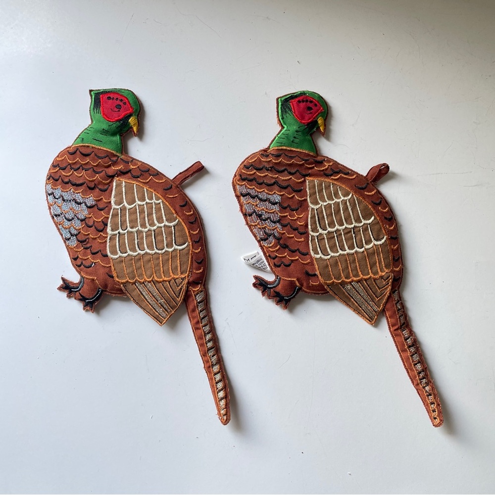 Vintage Cottagecore Ring-Necked Pheasant Embroidered Pot Holders Pair Farmhouse